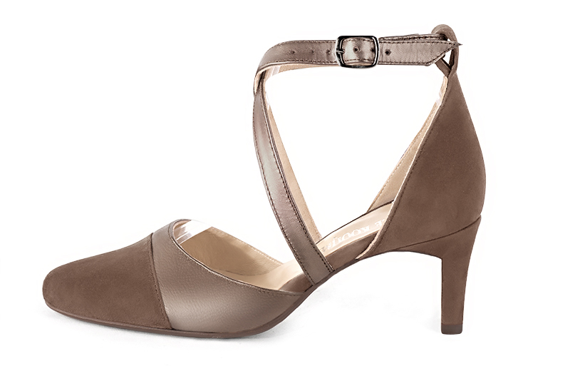 Chocolate brown and tan beige women's open side shoes, with crossed straps. Round toe. Medium comma heels. Profile view - Florence KOOIJMAN